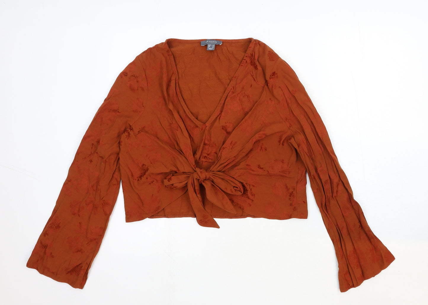 Primark Womens Orange Viscose Basic Blouse Size 16 V-Neck - Tie Front