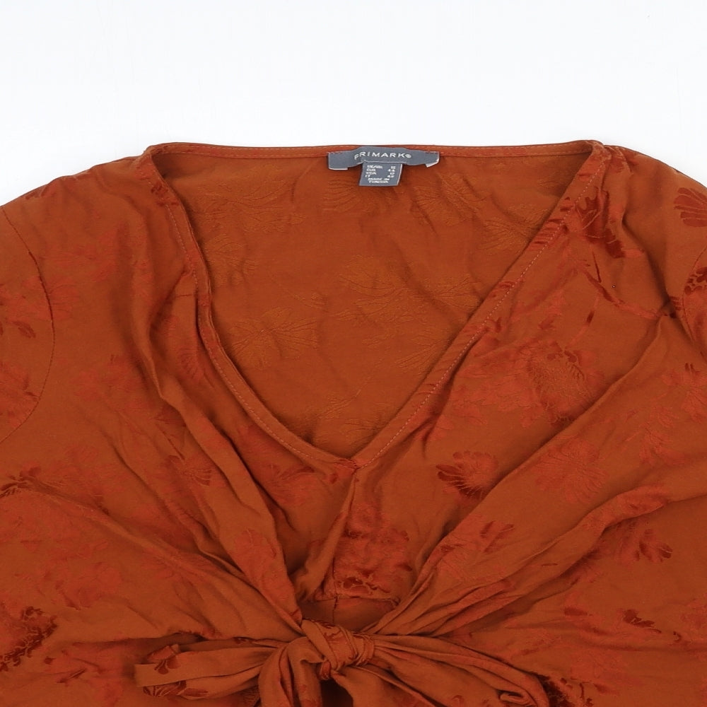 Primark Womens Orange Viscose Basic Blouse Size 16 V-Neck - Tie Front