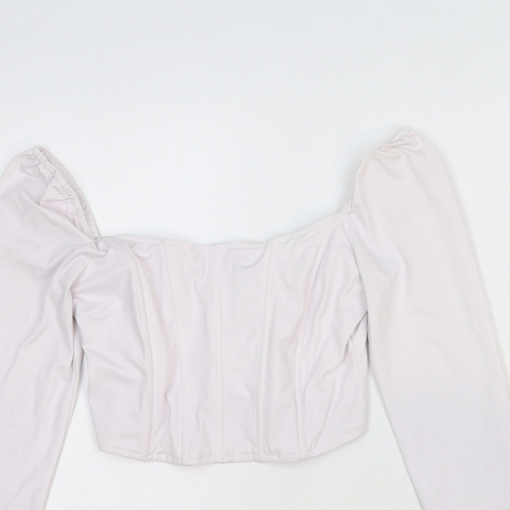 PRETTYLITTLETHING Womens White Cotton Cropped T-Shirt Size 8 Boat Neck