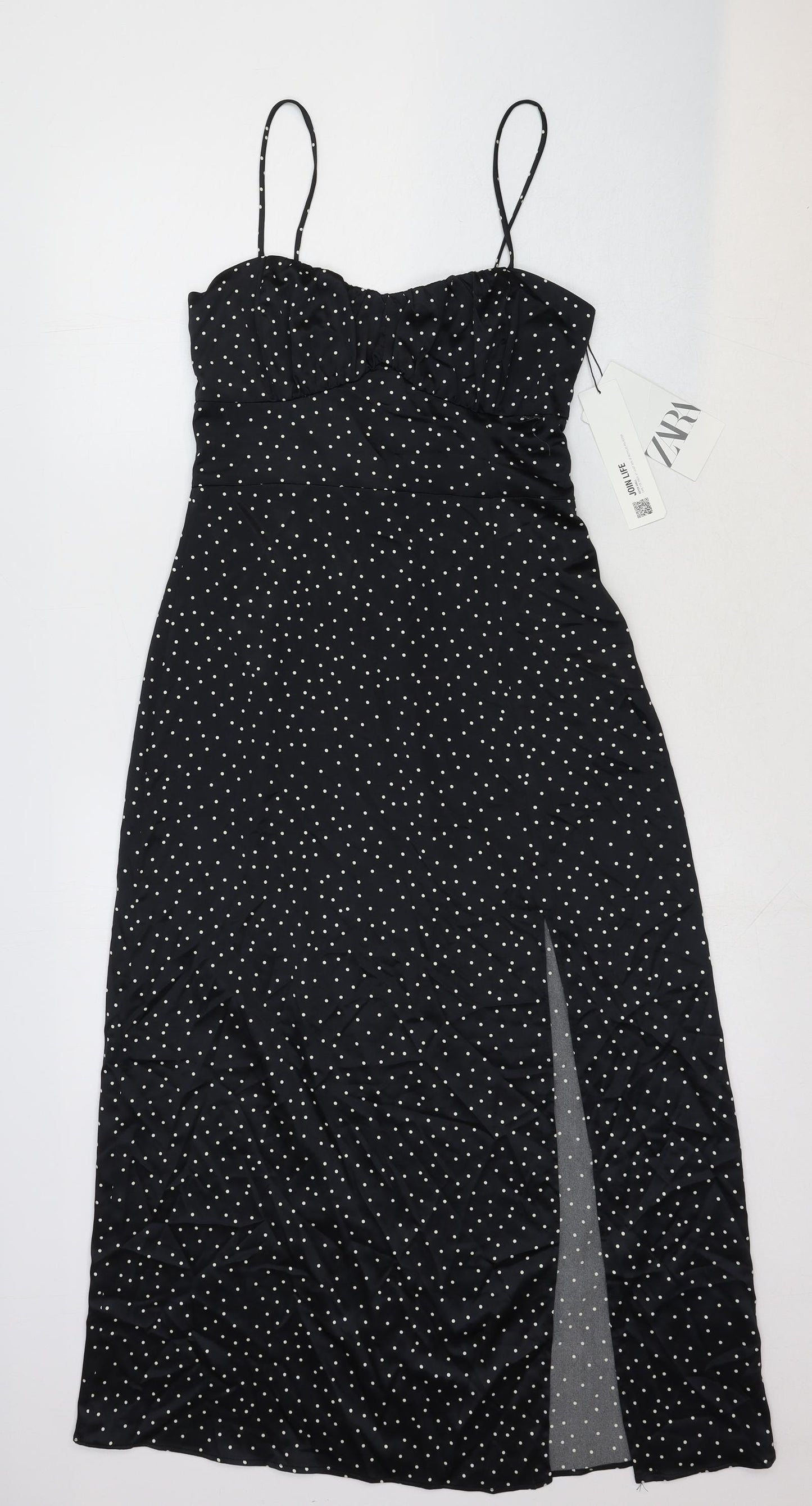 Zara Womens Black Geometric Cotton Slip Dress Size S Sweetheart Tie