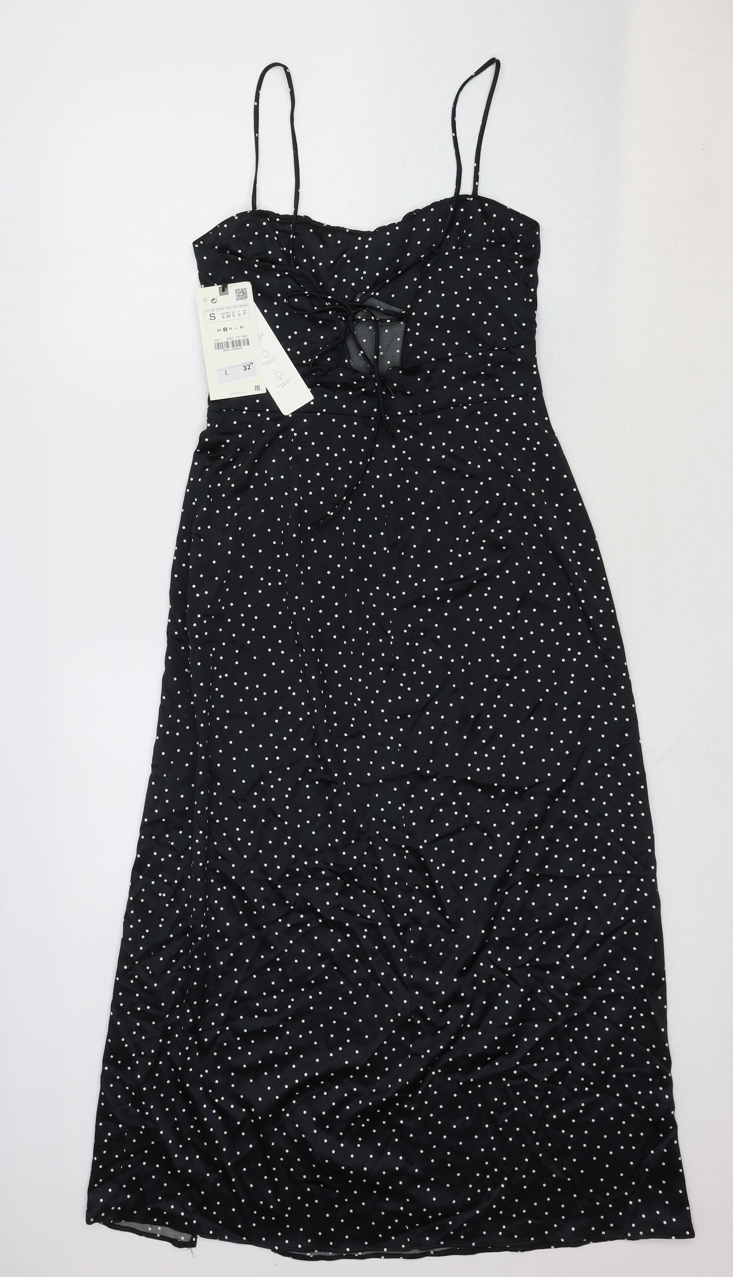 Zara Womens Black Geometric Cotton Slip Dress Size S Sweetheart Tie