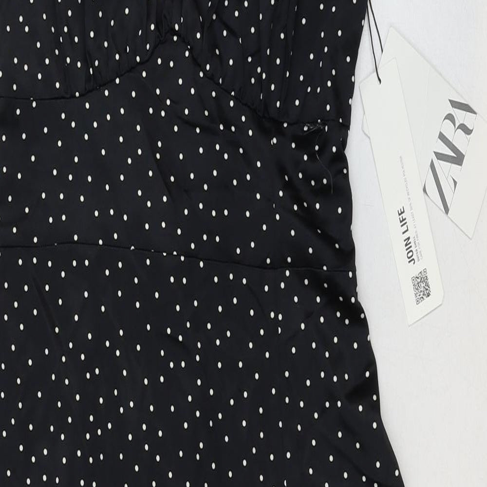 Zara Womens Black Geometric Cotton Slip Dress Size S Sweetheart Tie