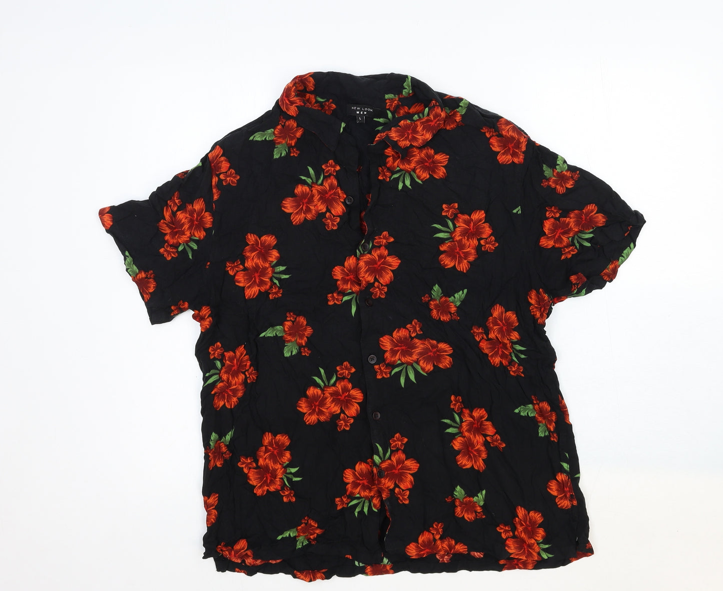 New Look Mens Black Floral Cotton Button-Up Size L Collared Button