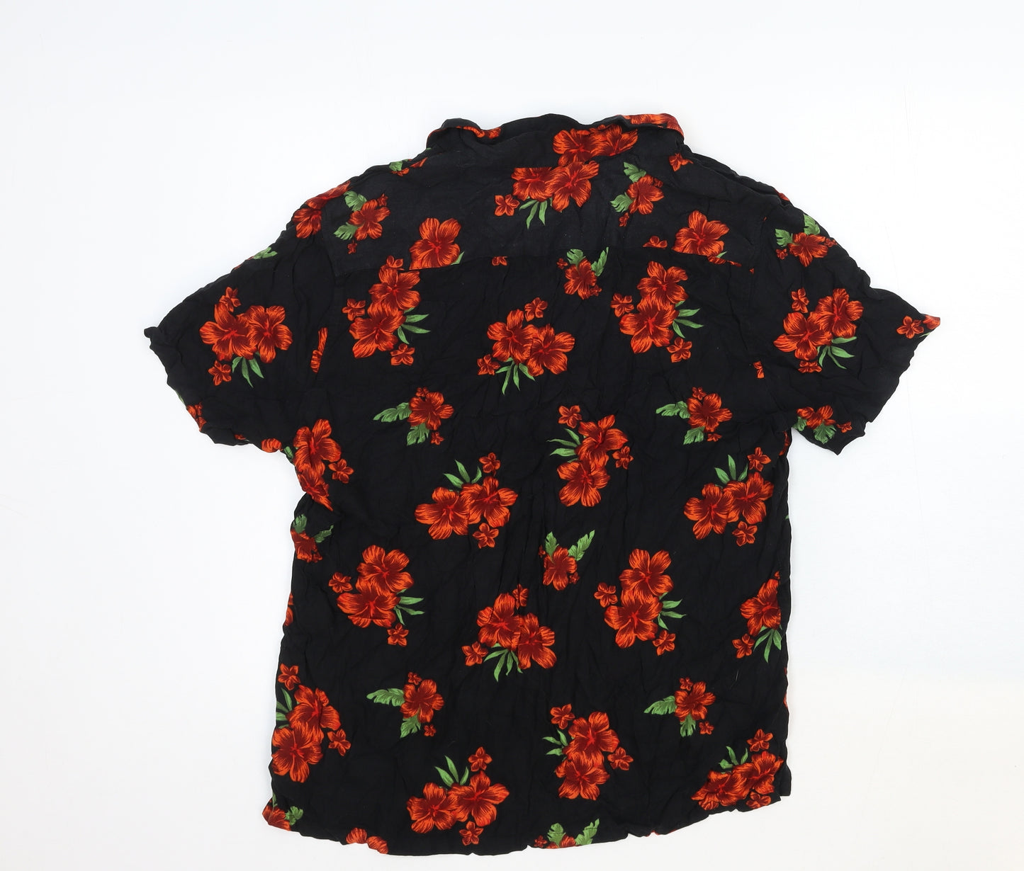 New Look Mens Black Floral Cotton Button-Up Size L Collared Button
