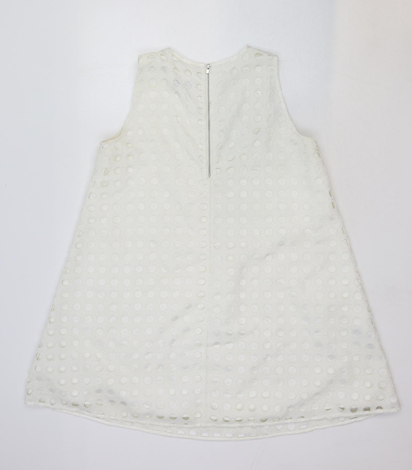 NEXT Womens White Polka Dot Cotton A-Line Size 12 Round Neck Zip