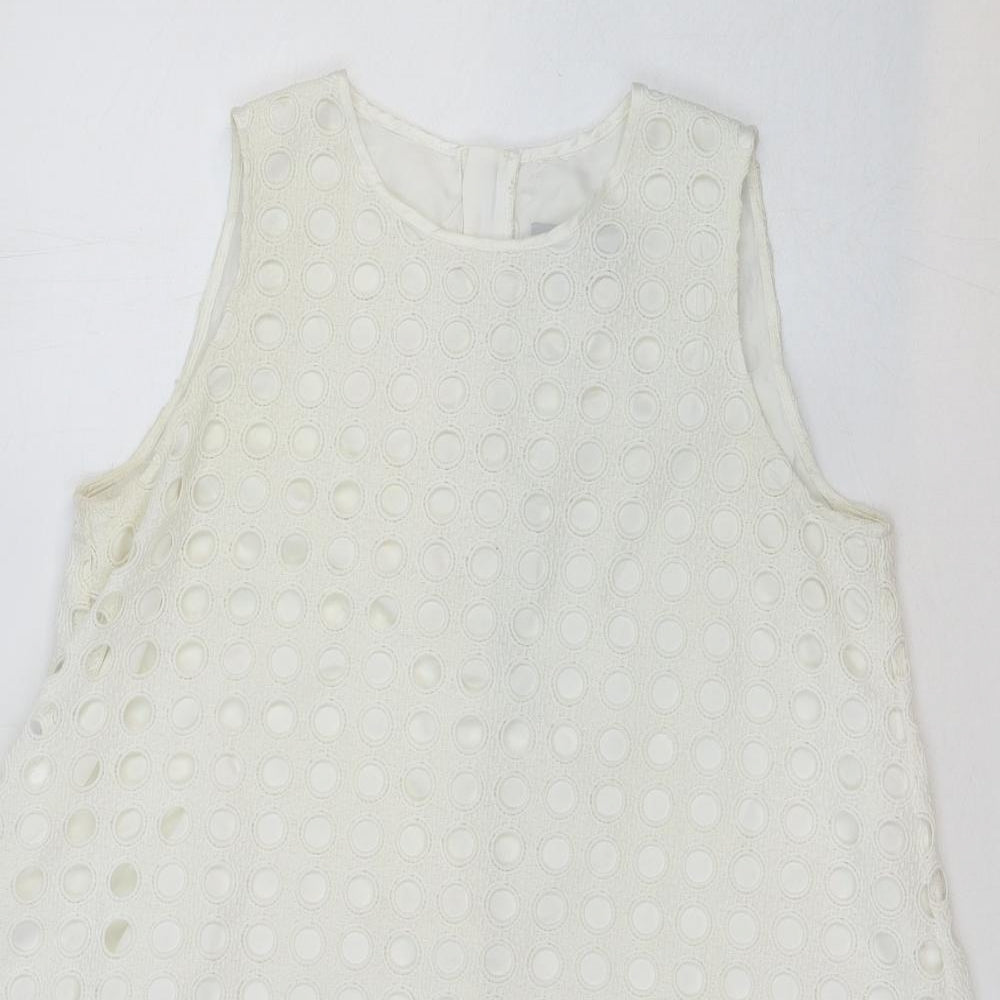 NEXT Womens White Polka Dot Cotton A-Line Size 12 Round Neck Zip