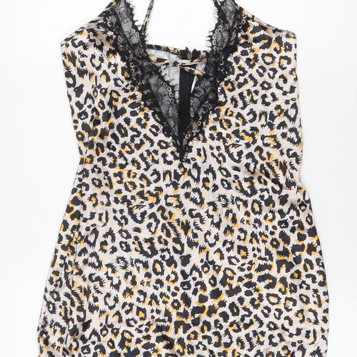 Preworn Womens Multicoloured Animal Print Polyester Slip Dress Size M V-Neck Zip - Lace Trim