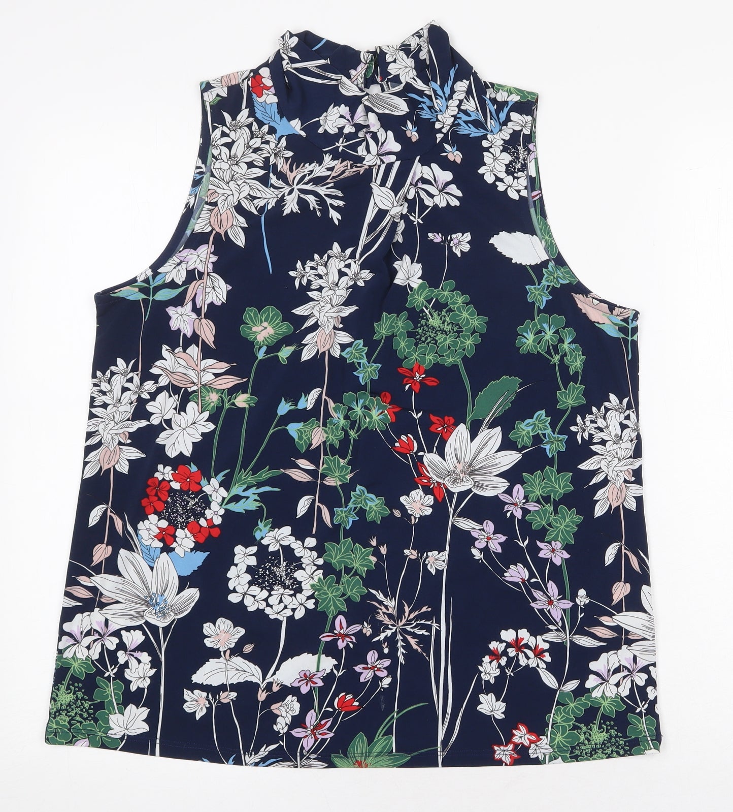 Warehouse Womens Blue Floral Polyester Basic Tank Size 12 Mock Neck