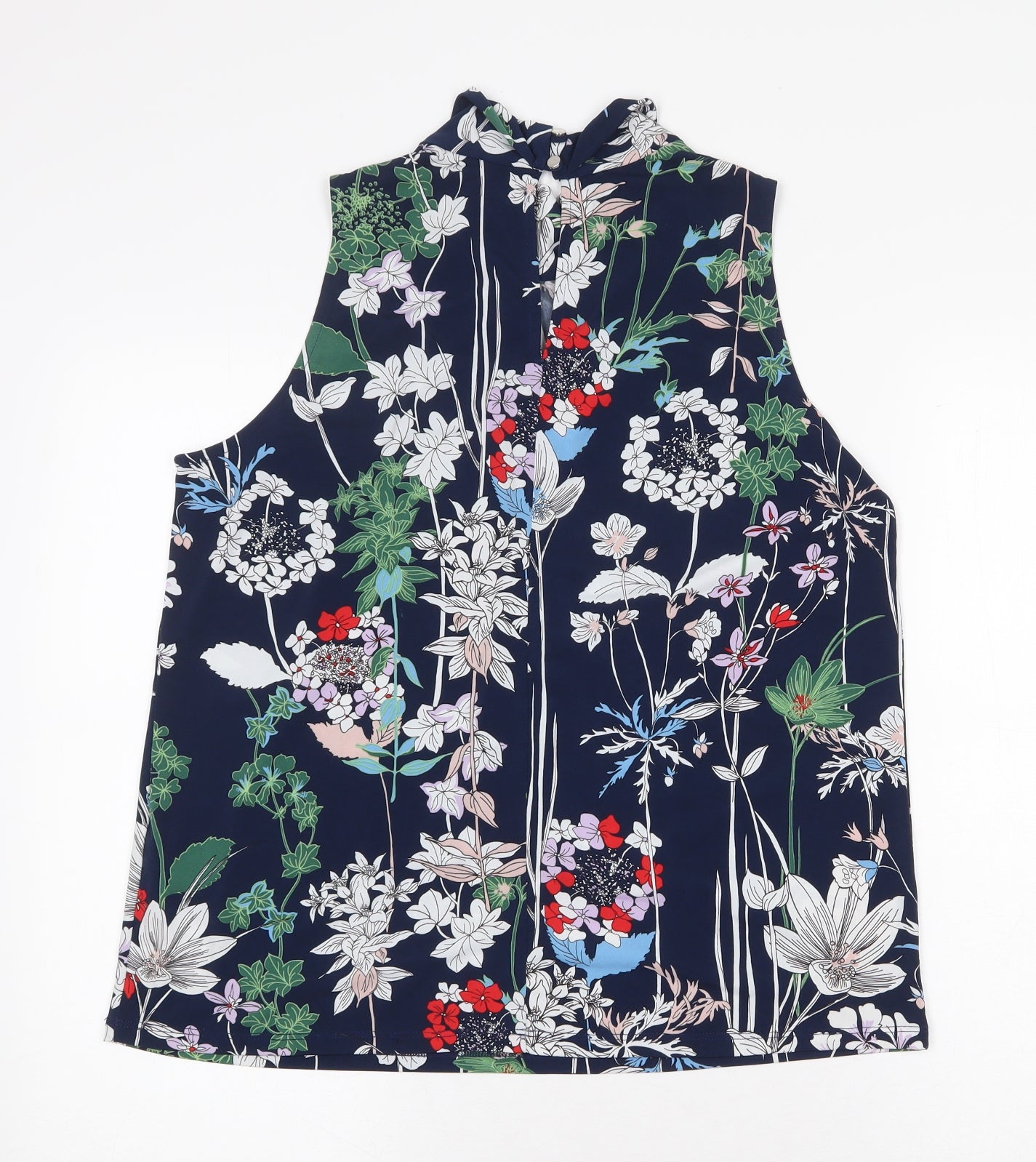 Warehouse Womens Blue Floral Polyester Basic Tank Size 12 Mock Neck