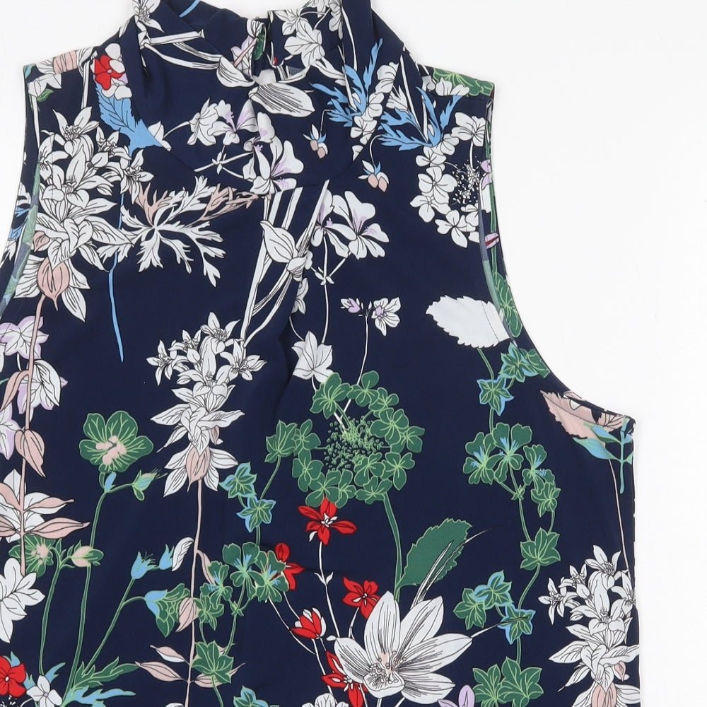Warehouse Womens Blue Floral Polyester Basic Tank Size 12 Mock Neck