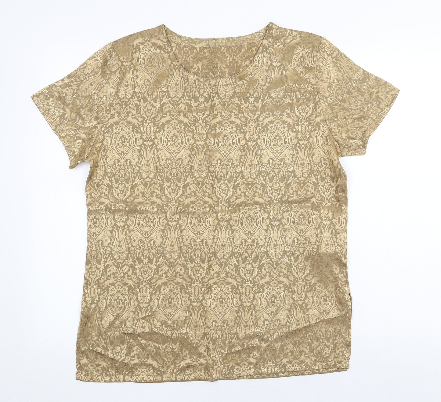 Marks and Spencer Womens Gold Paisley Polyester Basic T-Shirt Size 12 Round Neck