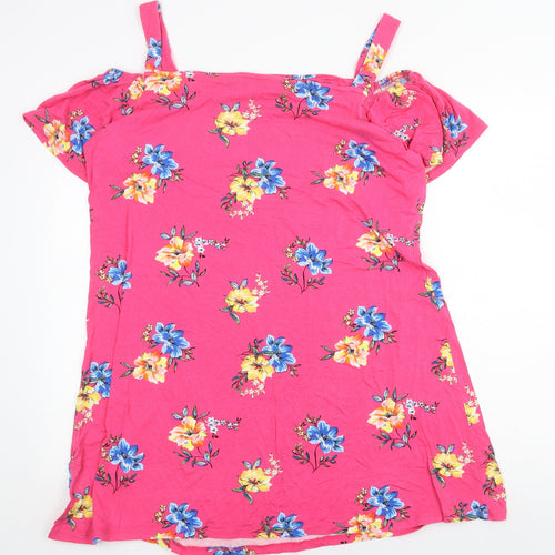 Intuition Womens Pink Floral Cotton Basic T-Shirt Size 18 Off the Shoulder