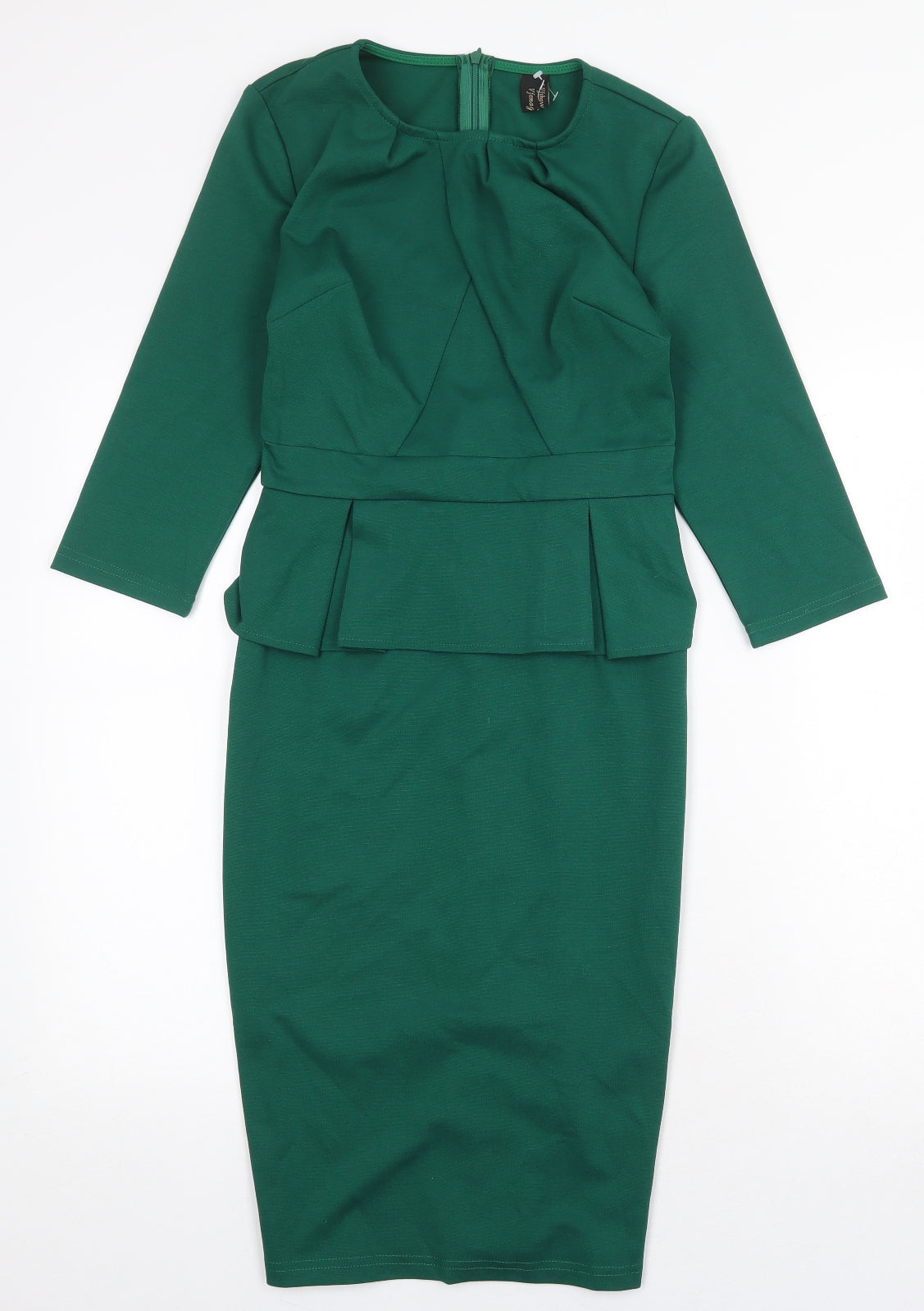 Preworn Womens Green Cotton Sheath Size XS Round Neck Zip - Peplum