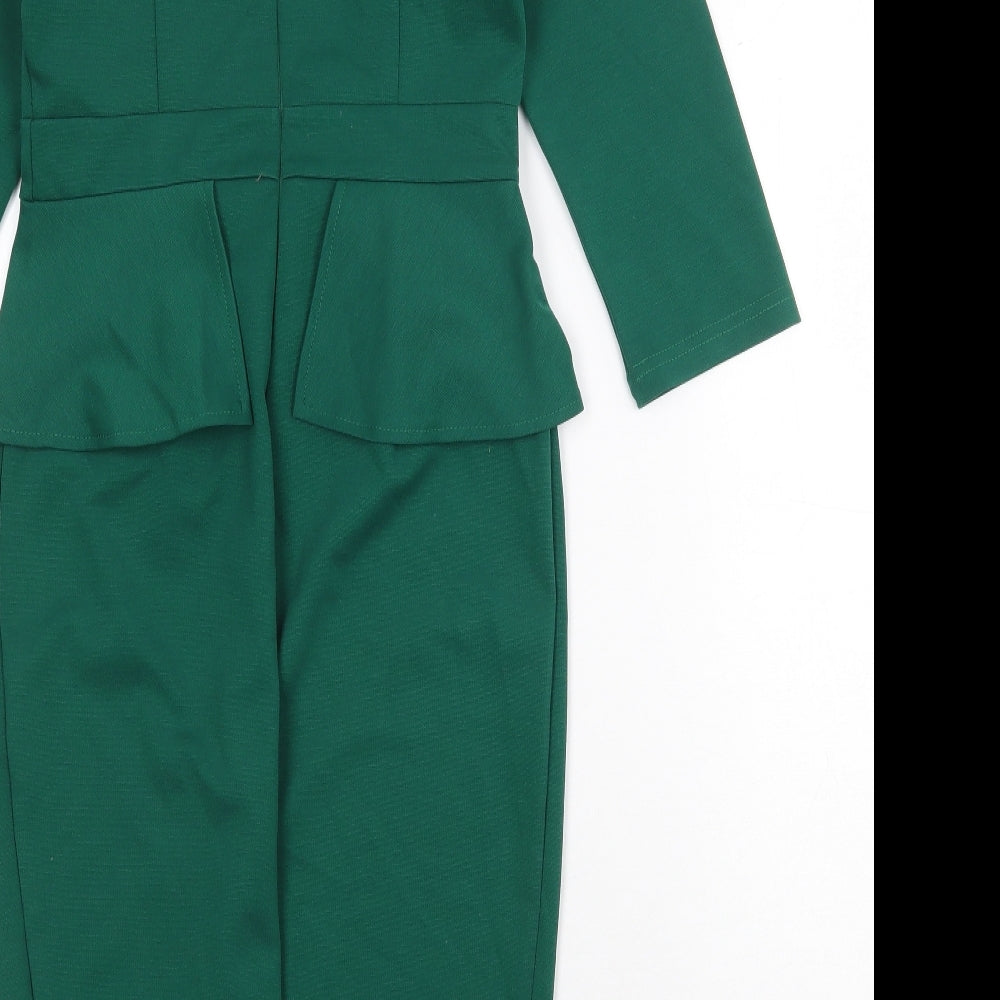 Preworn Womens Green Cotton Sheath Size XS Round Neck Zip - Peplum