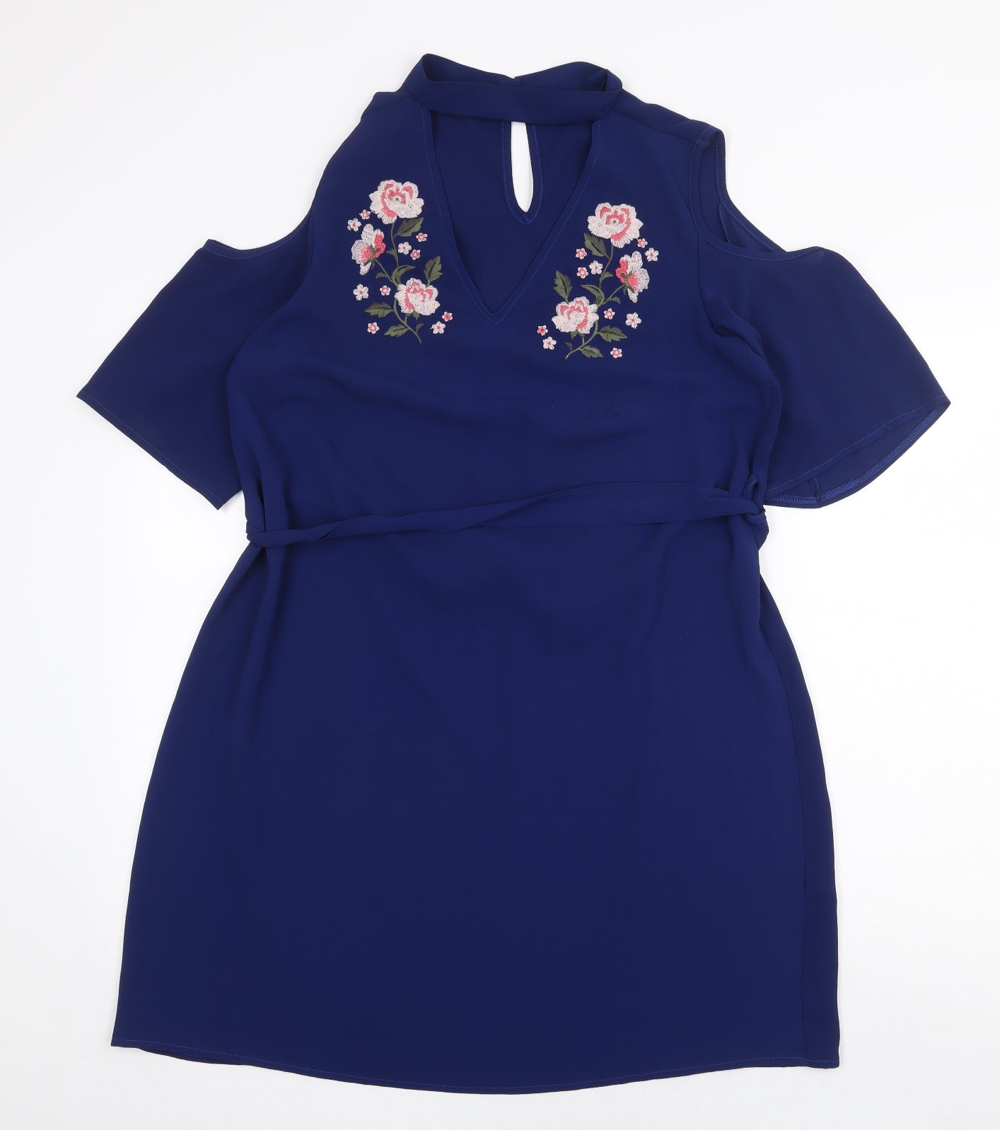 Select Womens Blue Polyester A-Line Size 16 V-Neck Button - Cold Shoulder