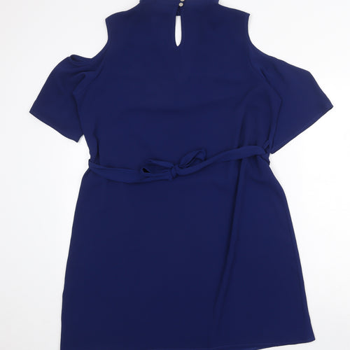 Select Womens Blue Polyester A-Line Size 16 V-Neck Button - Cold Shoulder