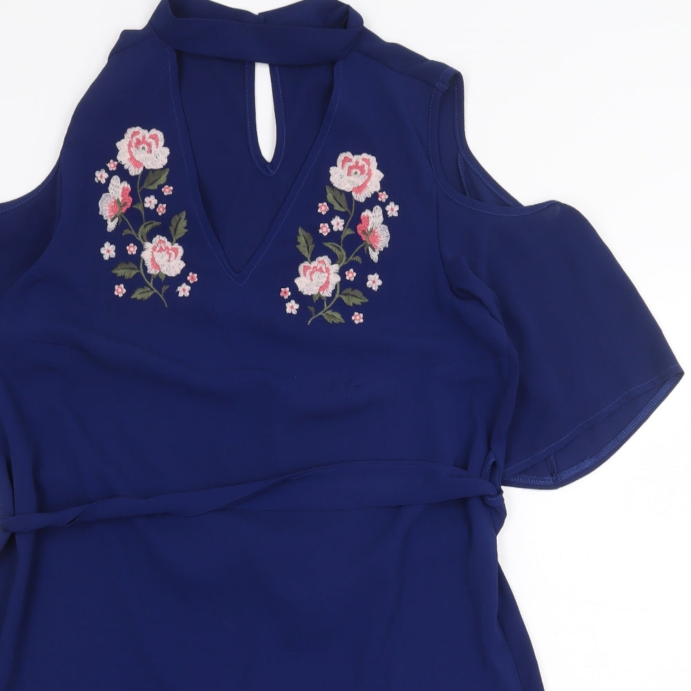 Select Womens Blue Polyester A-Line Size 16 V-Neck Button - Cold Shoulder