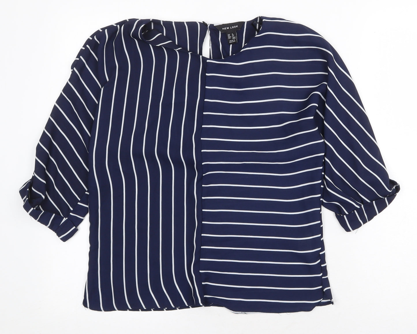New Look Womens Blue Striped Polyester Basic Blouse Size 8 Round Neck
