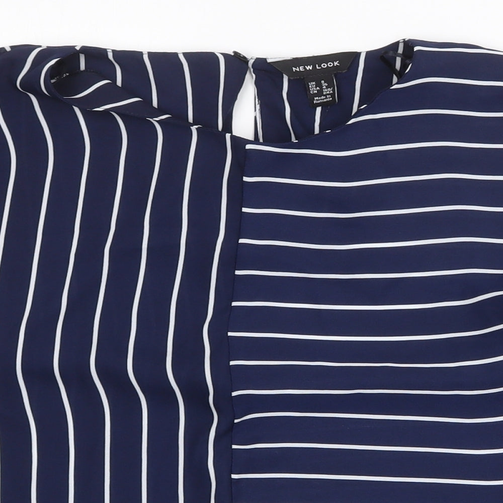 New Look Womens Blue Striped Polyester Basic Blouse Size 8 Round Neck