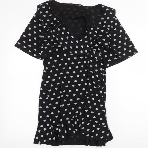Preworn Womens Black Geometric Polyester Wrap Dress Size 10 V-Neck Pullover - Heart Pattern