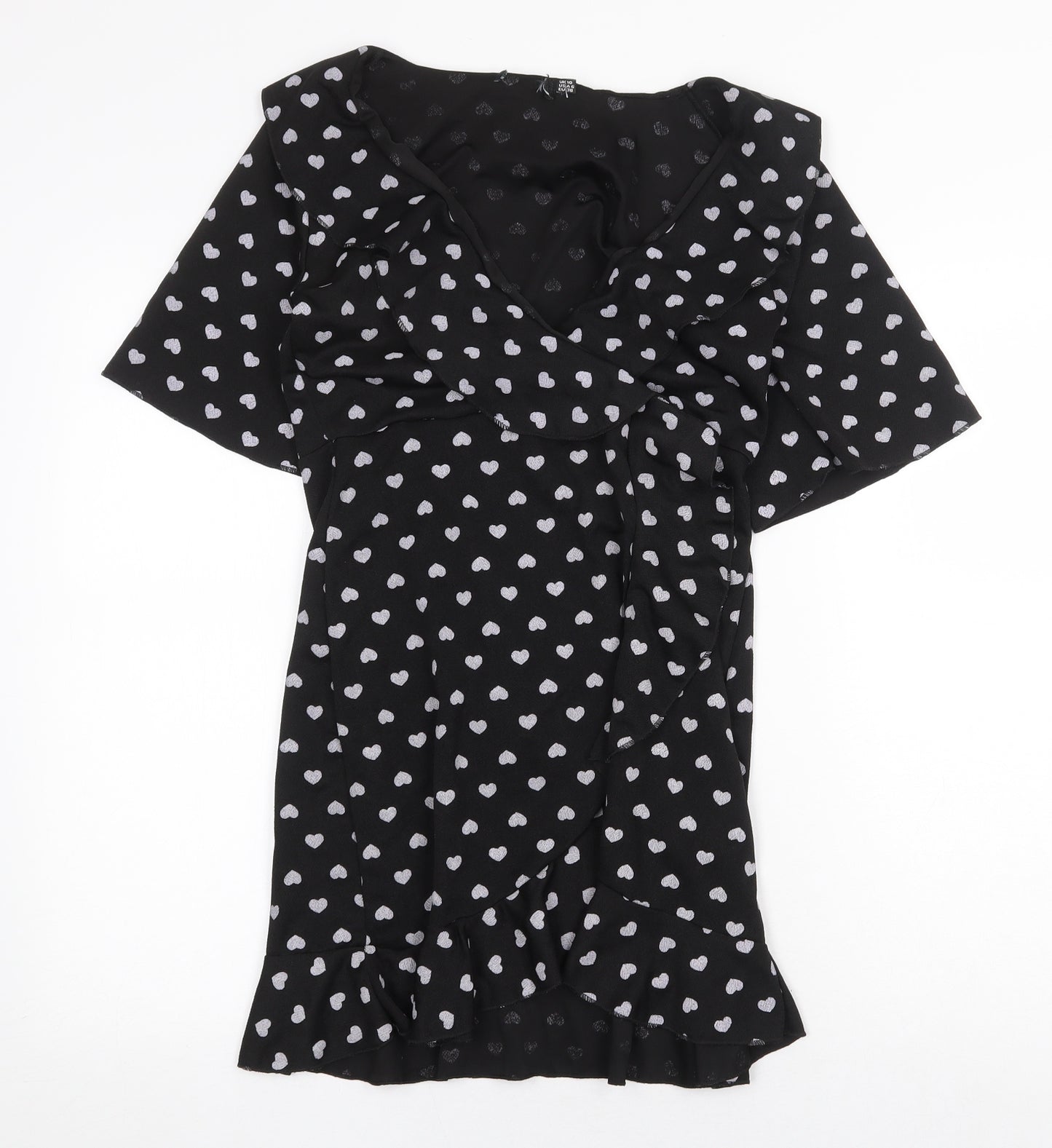 Preworn Womens Black Geometric Polyester Wrap Dress Size 10 V-Neck Pullover - Heart Pattern