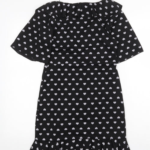 Preworn Womens Black Geometric Polyester Wrap Dress Size 10 V-Neck Pullover - Heart Pattern
