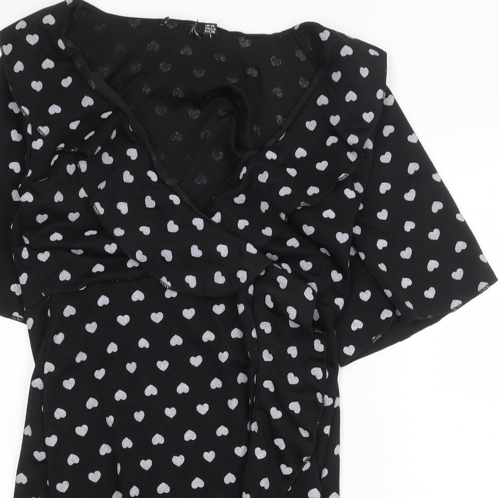 Preworn Womens Black Geometric Polyester Wrap Dress Size 10 V-Neck Pullover - Heart Pattern