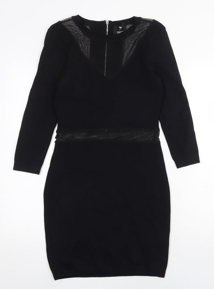 ASOS Womens Black Nylon Bodycon Size 10 Boat Neck Zip - Mesh Panels