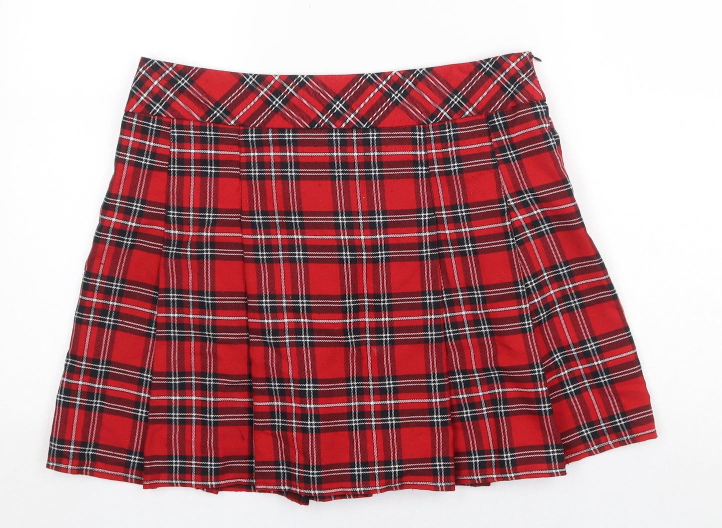 F&F Womens Red Plaid Polyester Pleated Skirt Size 12 Zip