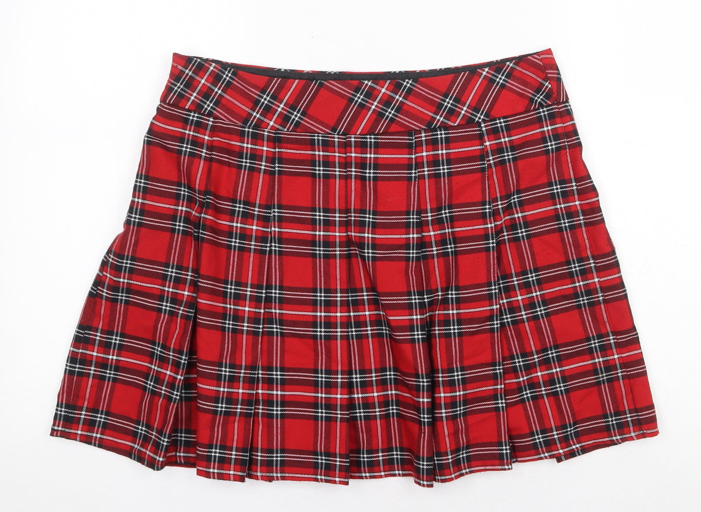 F&F Womens Red Plaid Polyester Pleated Skirt Size 12 Zip