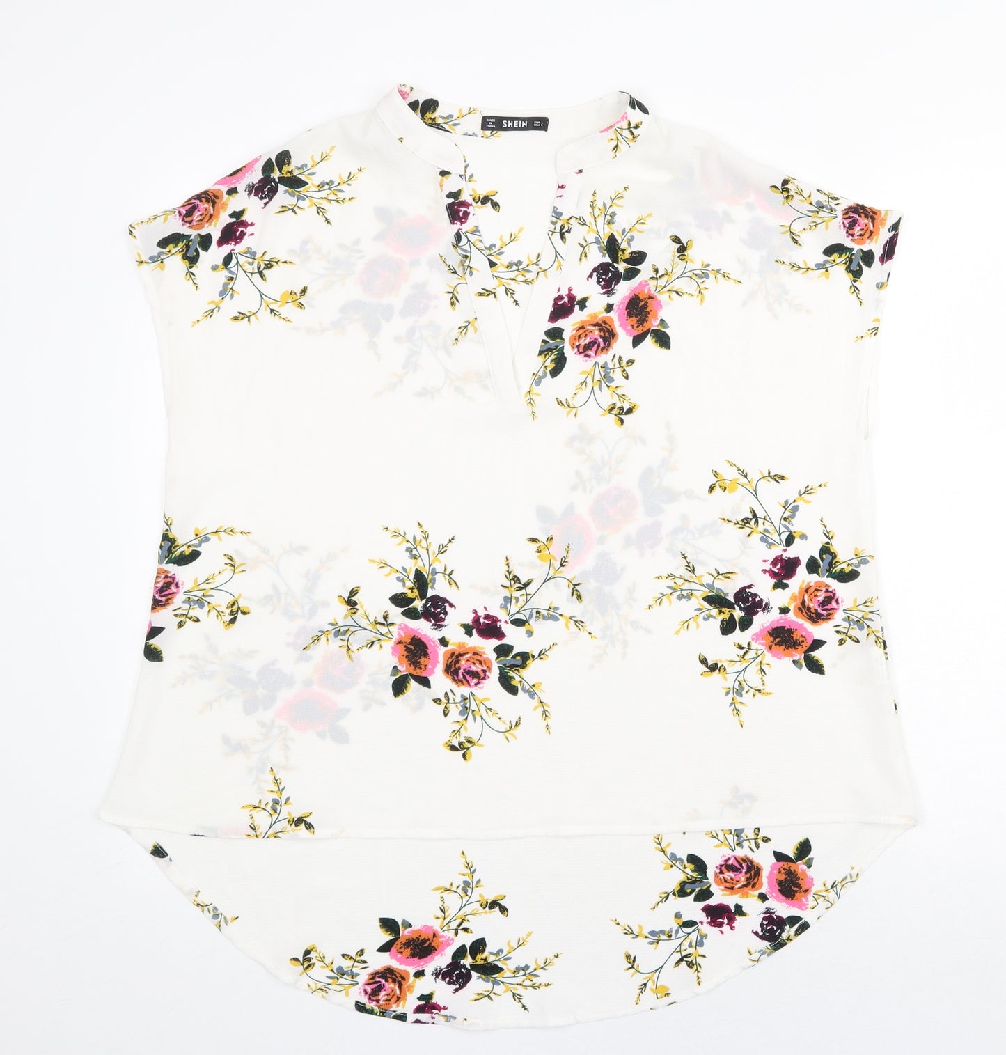 SheIn Womens White Floral Polyester Basic Blouse Size L V-Neck