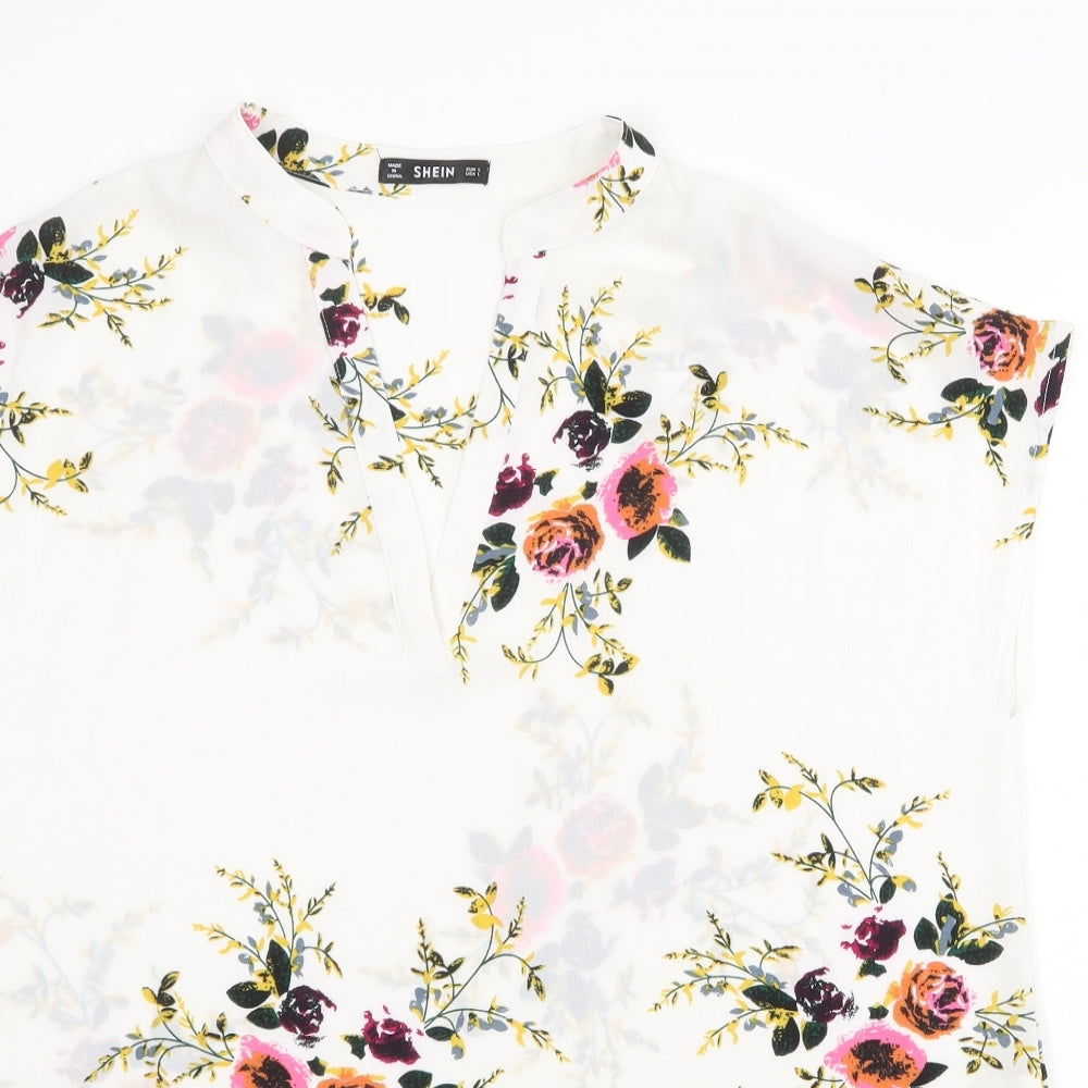 SheIn Womens White Floral Polyester Basic Blouse Size L V-Neck