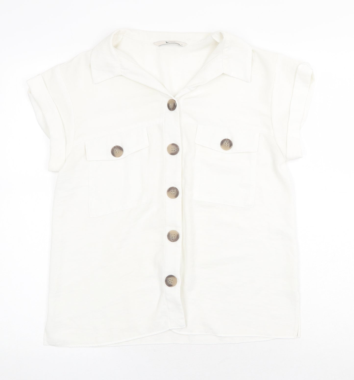 TU Womens White Polyester Basic Button-Up Size 8 Collared