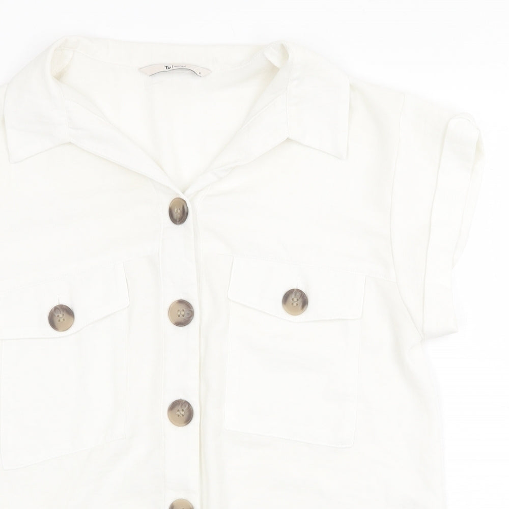TU Womens White Polyester Basic Button-Up Size 8 Collared