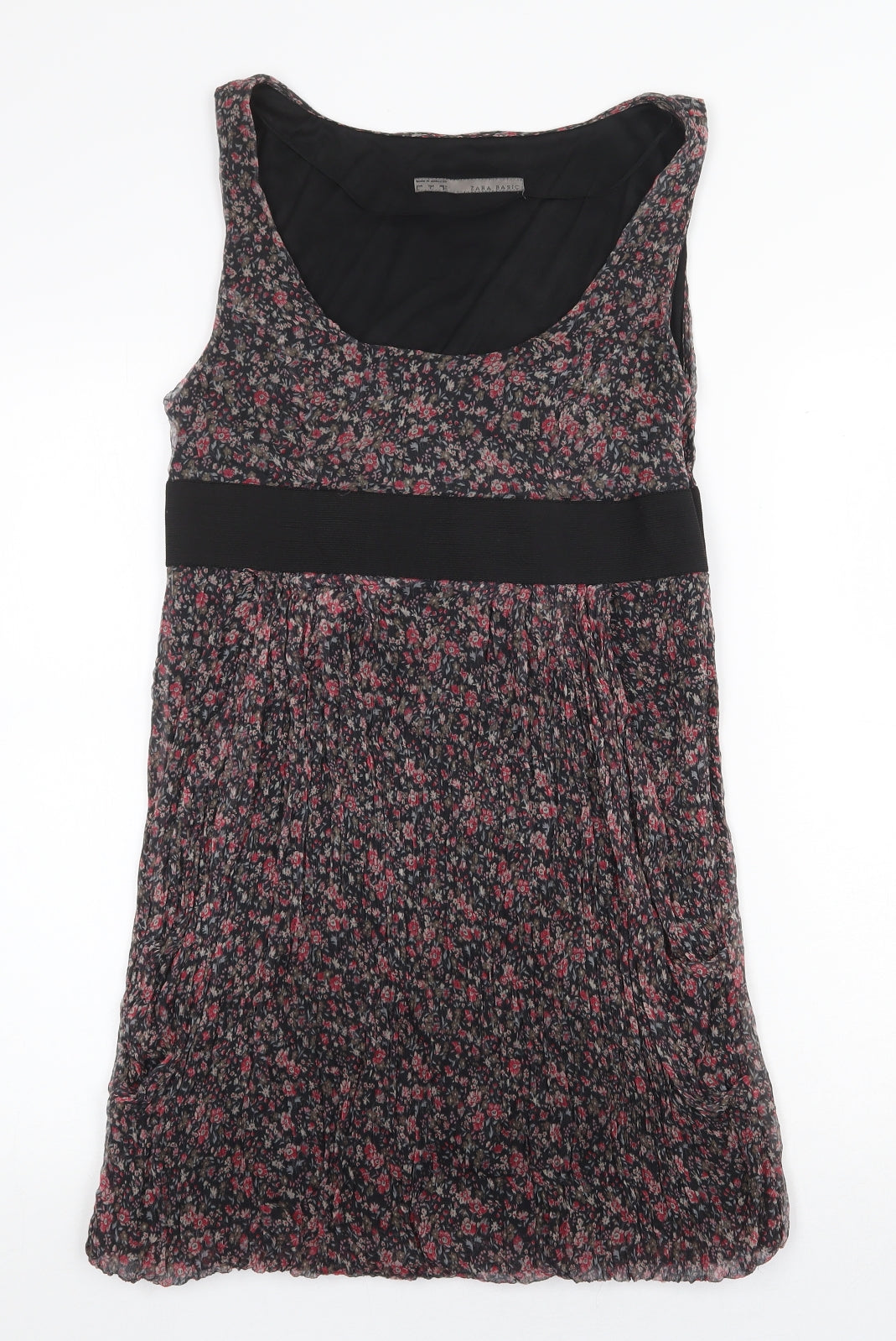 Zara Womens Black Floral Silk Tank Dress Size L Scoop Neck Pullover