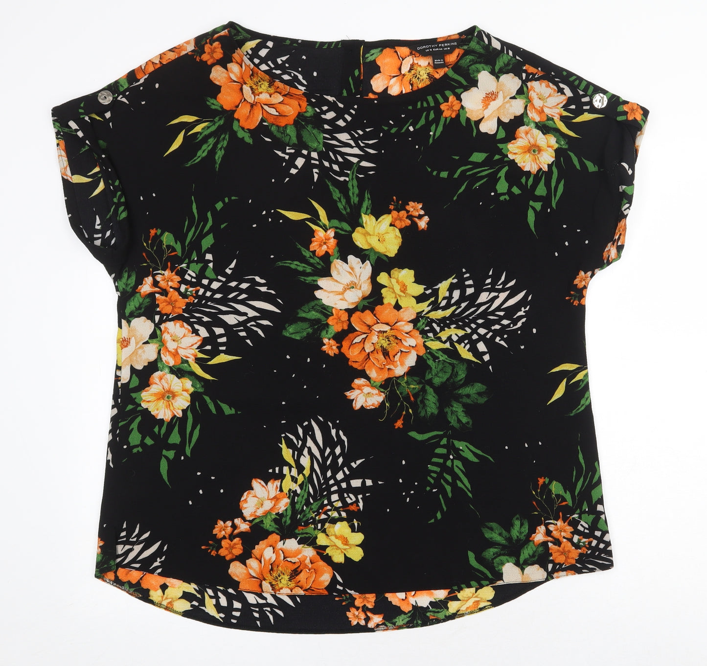 Dorothy Perkins Womens Black Floral Polyester Basic T-Shirt Size 16 Boat Neck