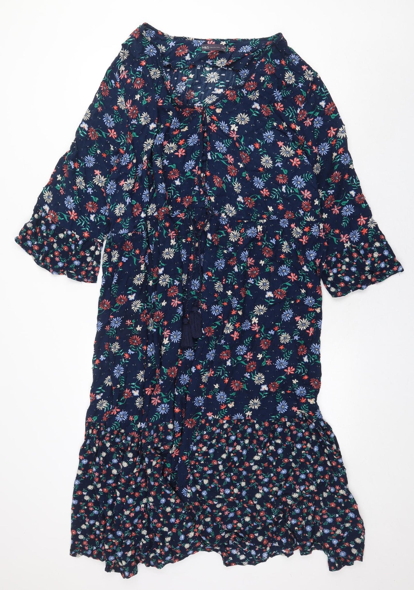Marks and Spencer Womens Blue Floral Viscose Trapeze & Swing Size 20 V-Neck Button