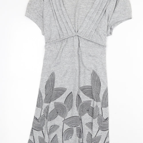 Purple Womens Grey Floral Cotton Fit & Flare Size S V-Neck Tie