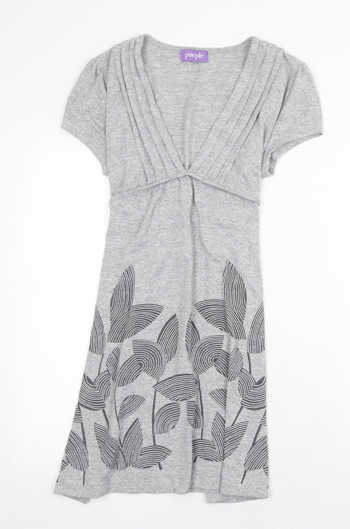 Purple Womens Grey Floral Cotton Fit & Flare Size S V-Neck Tie