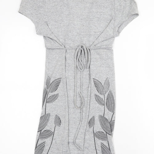 Purple Womens Grey Floral Cotton Fit & Flare Size S V-Neck Tie