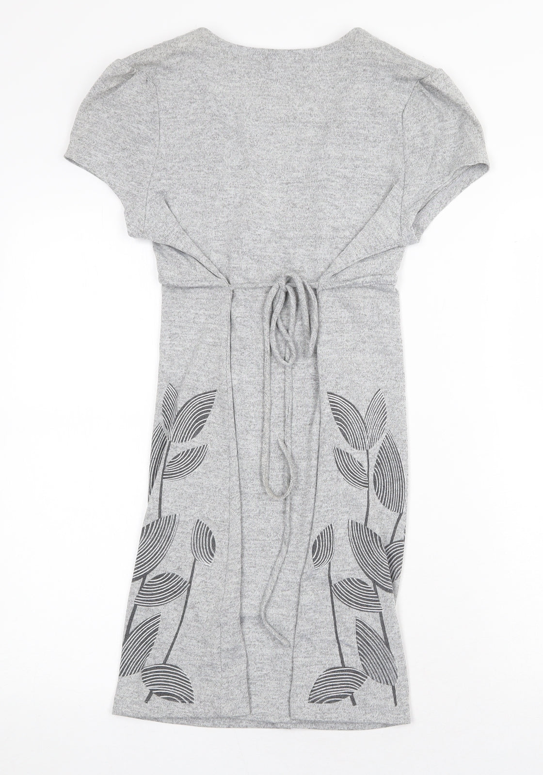 Purple Womens Grey Floral Cotton Fit & Flare Size S V-Neck Tie