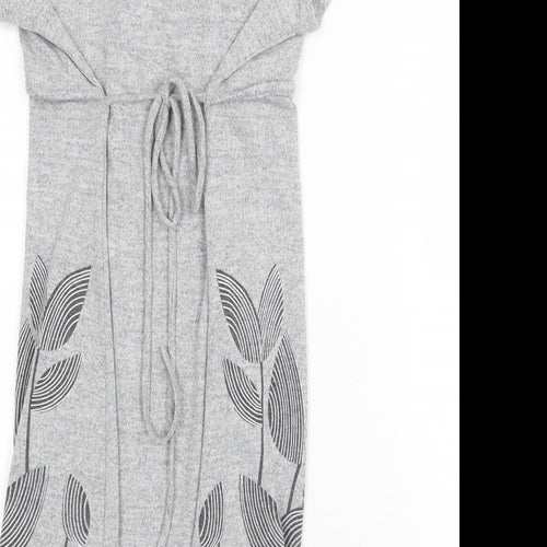 Purple Womens Grey Floral Cotton Fit & Flare Size S V-Neck Tie