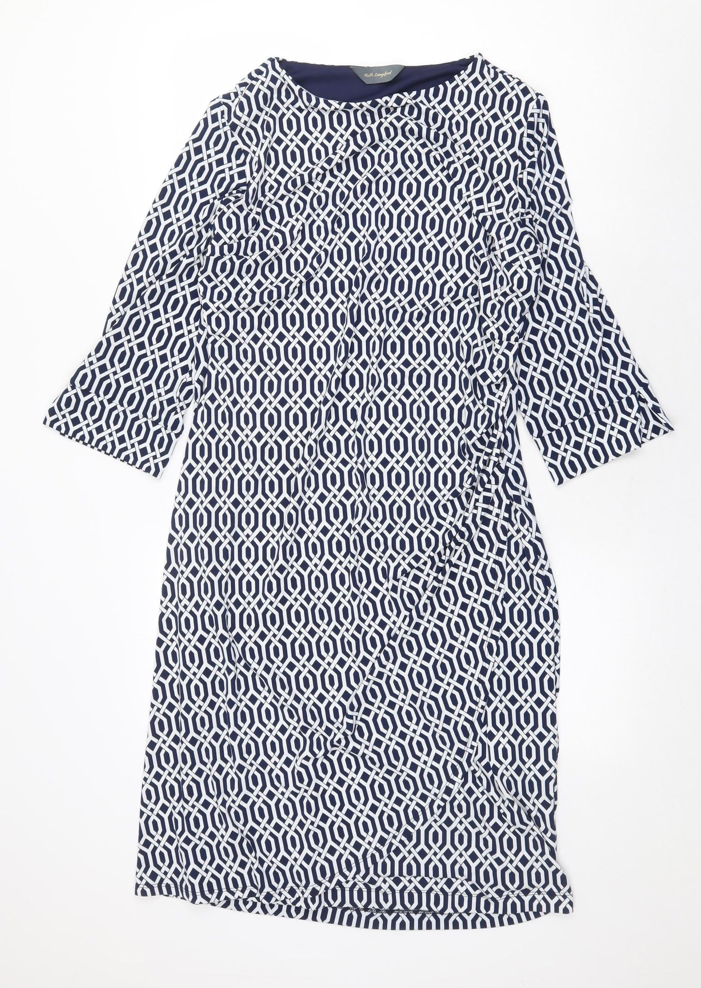 Ruth Langford Womens Blue Geometric Polyester A-Line Size L Round Neck Pullover