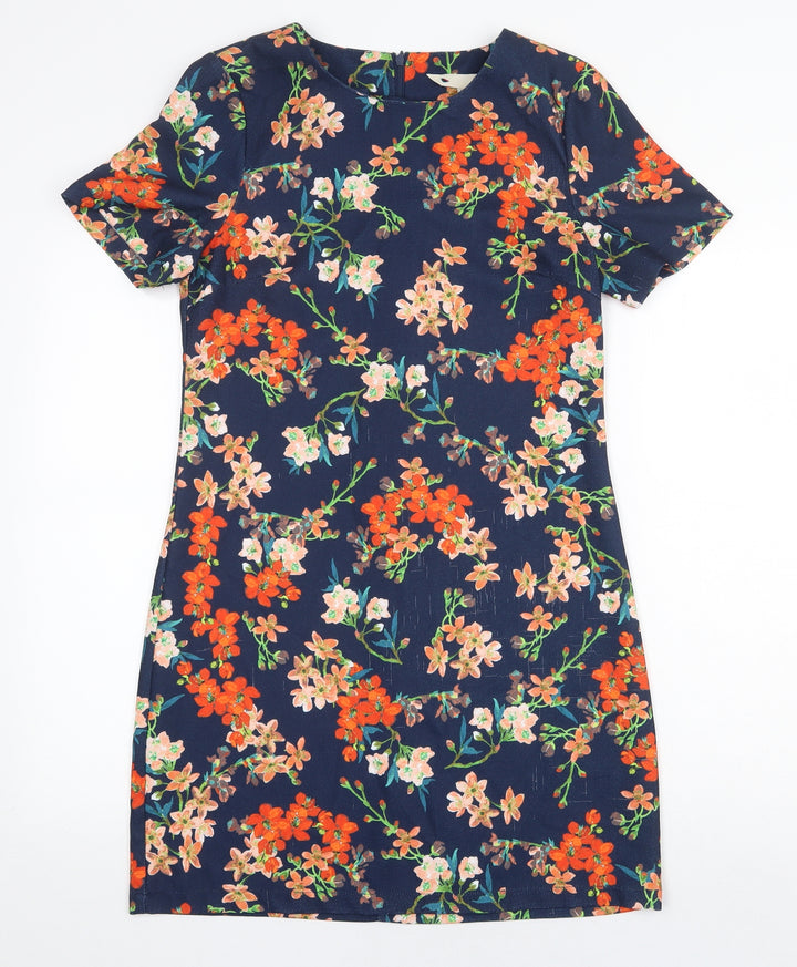 Yumi Womens Blue Floral Polyester A-Line Size 8 Round Neck Zip