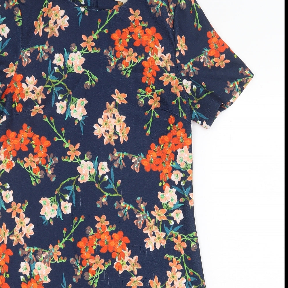 Yumi Womens Blue Floral Polyester A-Line Size 8 Round Neck Zip