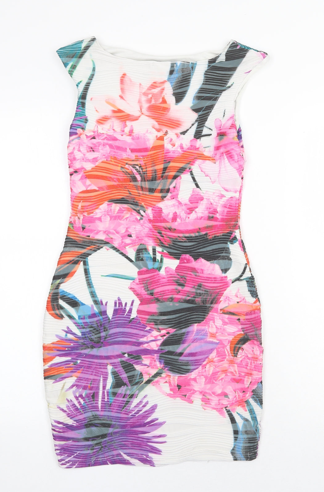 Lipsy Womens White Floral Polyester Pencil Dress Size 10 Boat Neck Pullover