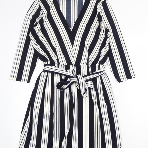 H&M Womens Blue Striped Polyester A-Line Size S V-Neck Tie