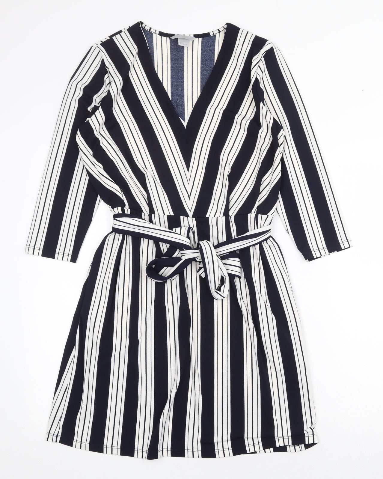 H&M Womens Blue Striped Polyester A-Line Size S V-Neck Tie