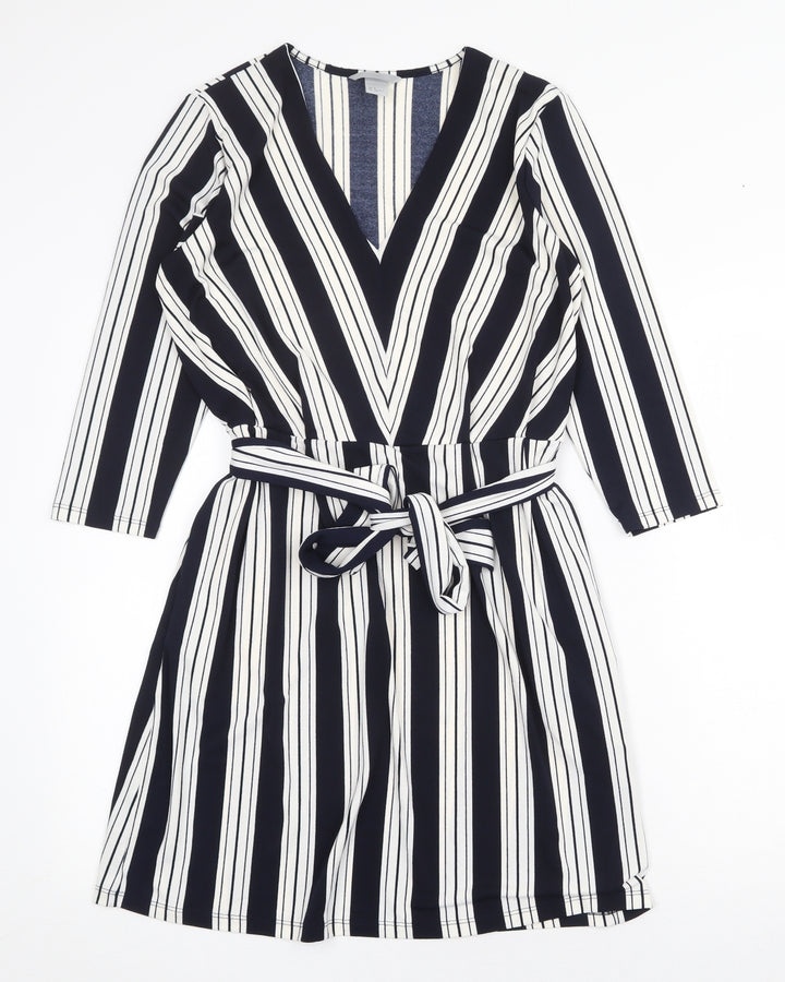 H&M Womens Blue Striped Polyester A-Line Size S V-Neck Tie