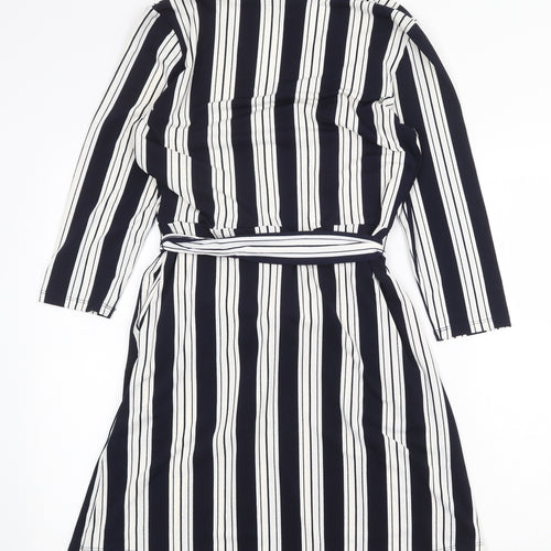 H&M Womens Blue Striped Polyester A-Line Size S V-Neck Tie